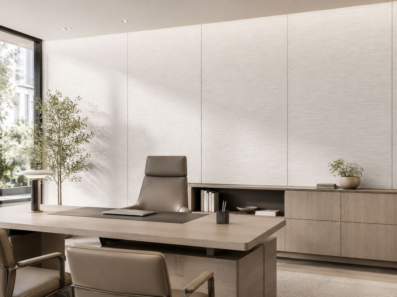 Bamboo panels in an executive office — light fabric-effect texture, minimalist finish