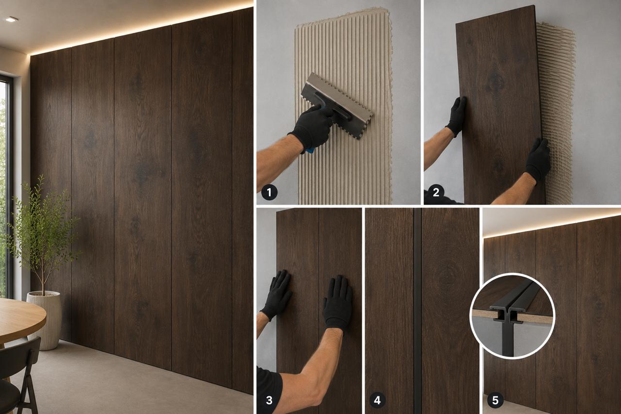 Bamboo panel installation step by step: adhesive, profile, result