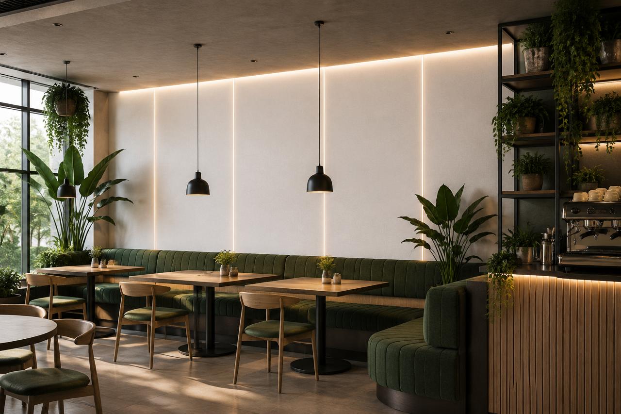 Cafe interior with bamboo panels — green velvet sofas, wood finish, LED lighting