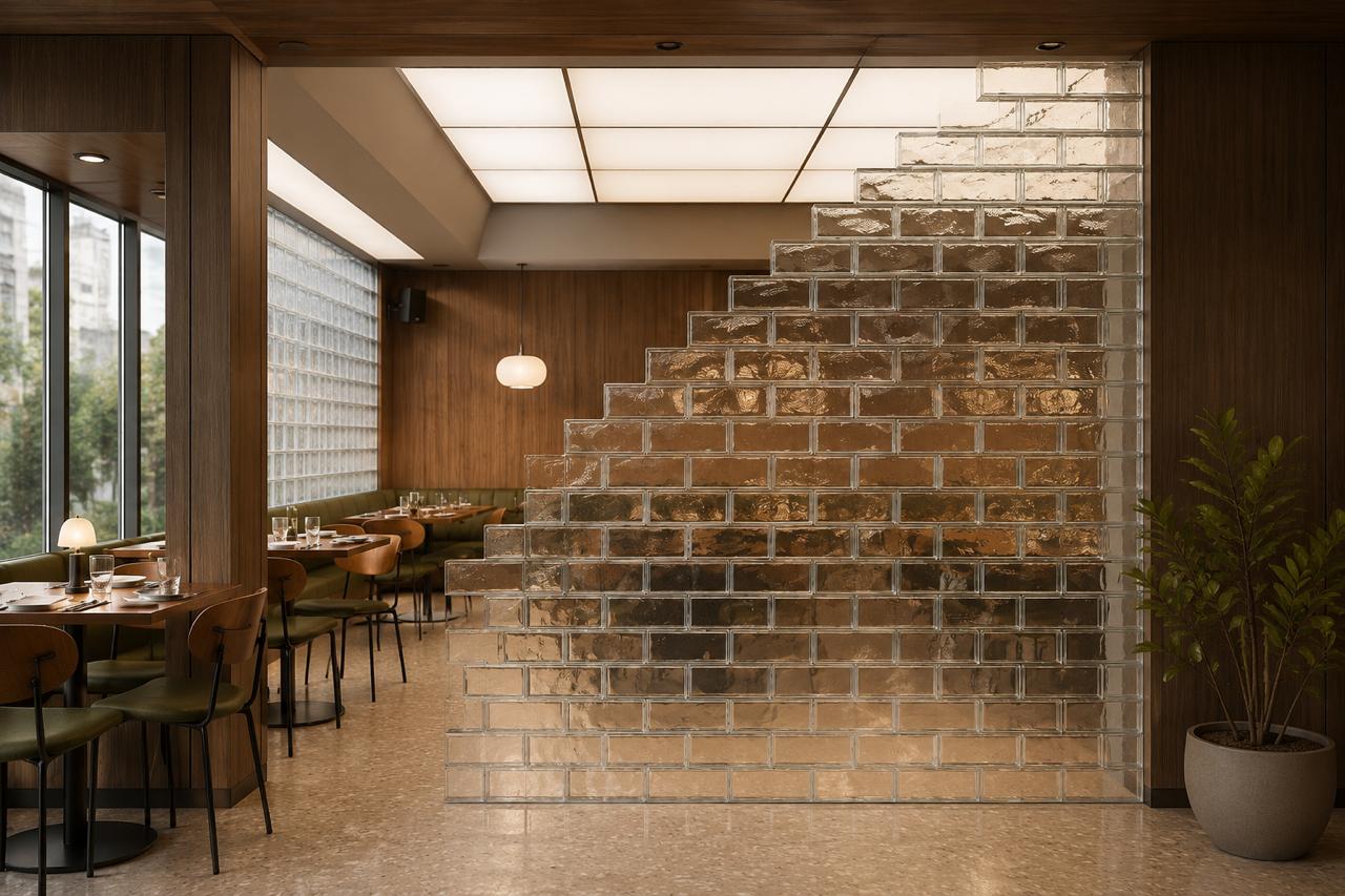 Glass brick in a restaurant interior — transparent wall of solid glass bricks